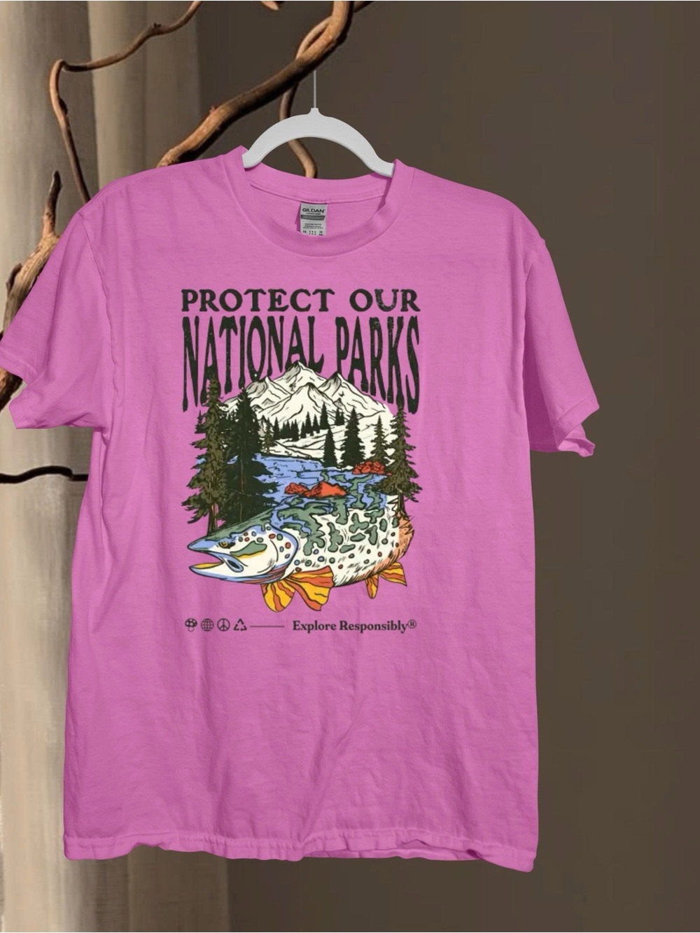 Gildan Pink 'Protect Our National Parks' Fish Graphic Tee